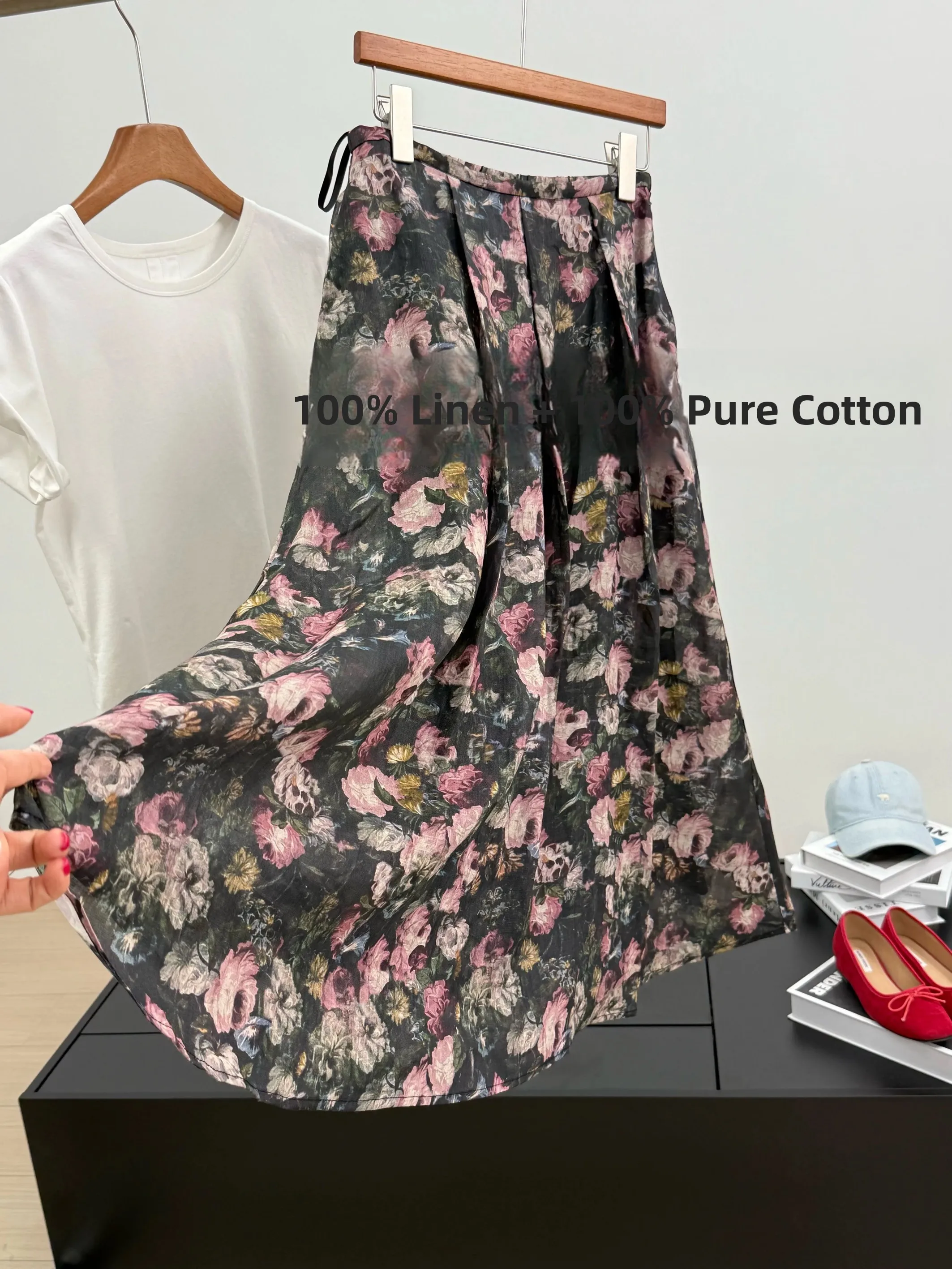 

High-Waisted A-Line Skirt Women's Summer Commute Style Half-length Elastic Waist Flax Loose Fit with Pockets Floral Print