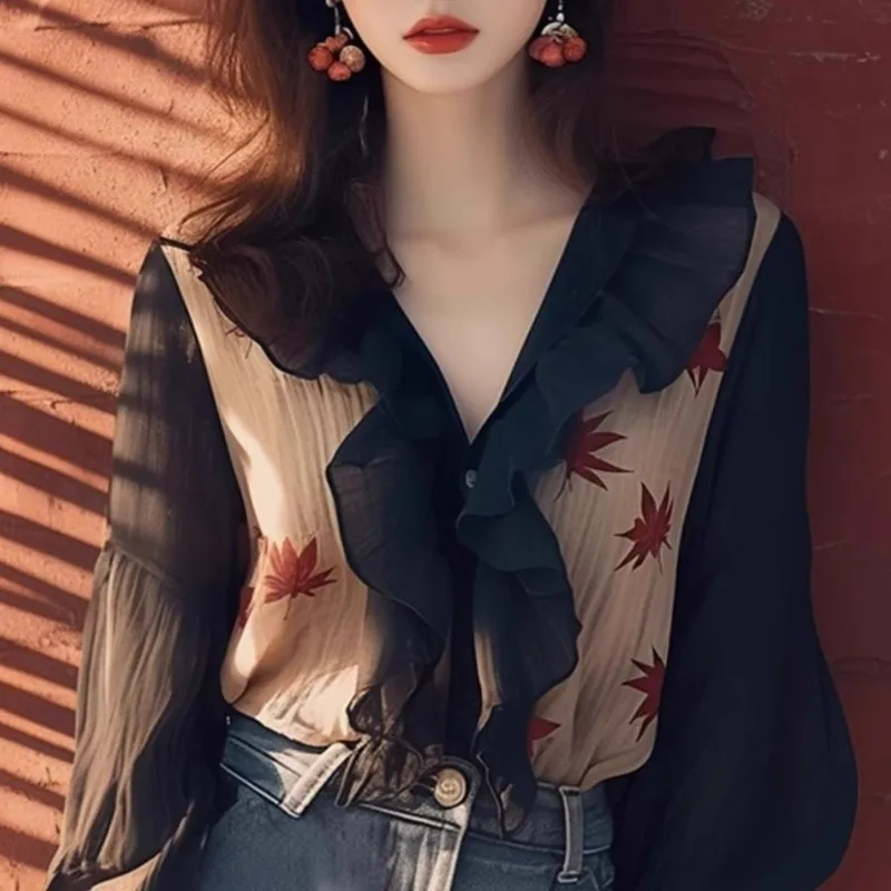 Chiffon Vintage Women\'s Blouses Spring/Summer New Printing Korean Shirts Loose RUFFLES V-neck Top Women Clothing Sales