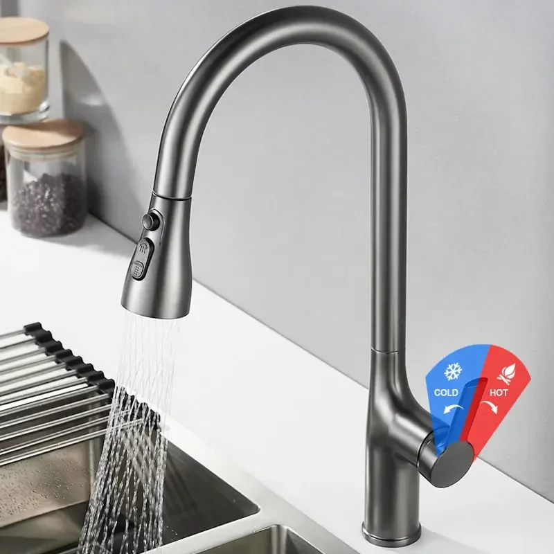 Three Outlet Mode Kitchen Faucets Brushed Nickel Kitchen Sinks Single Handle Pull Out Mixer Hot and Cold Water 360 Rotation Grey