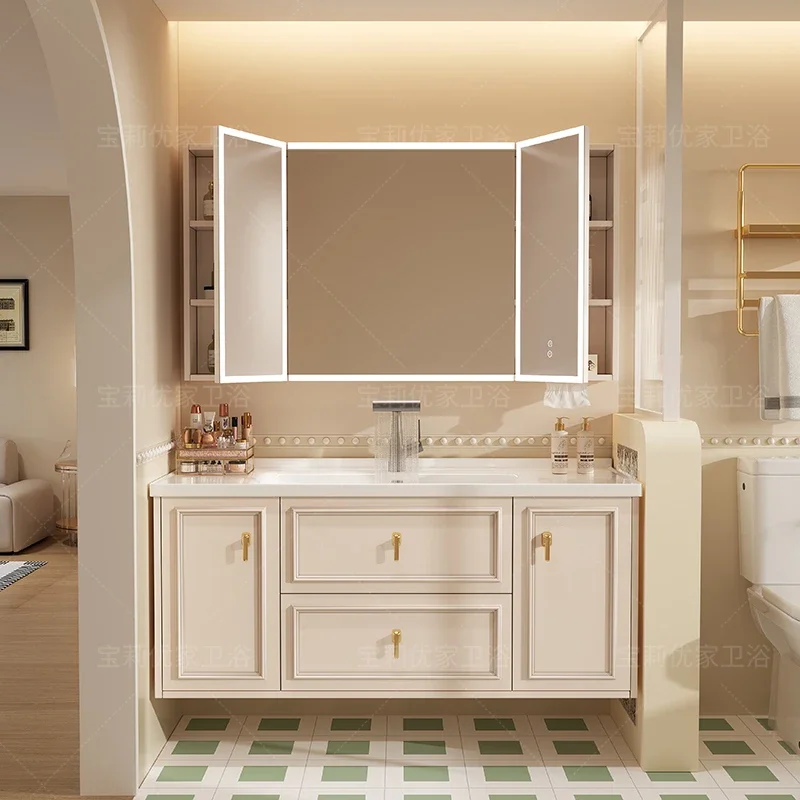 

New Cream Air Style Bathroom Cabinet Ceramic Integrated Basin Bathroom Cabinet Toilet Washbasin Washbasin Cabinet Combination