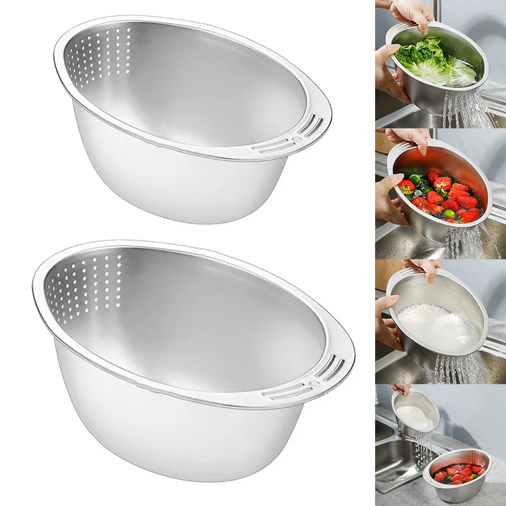 

Rice Washing Bowl Stainless Steel Drainage Basket Slanted Bottom Basin Colander Stainless Steel Vegetable Strainer Kitchen Tools