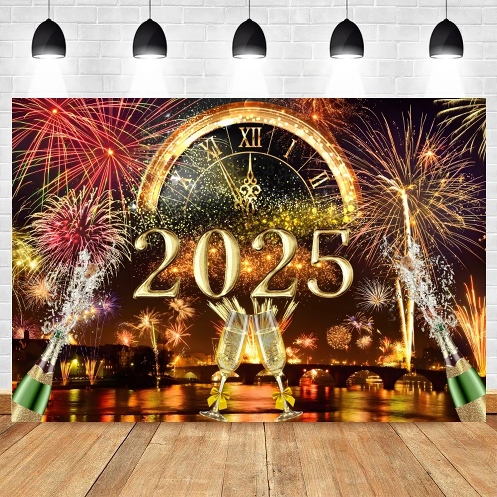 2025 Happy New Year Fireworks Photography Backdrop New Year Eve Clocks Champagne Family Party Christmas Photo Background Decor