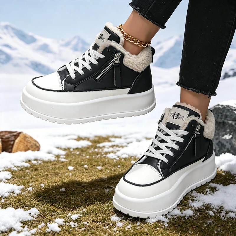 Leather Surface Women's Shoes Spring 2026 Casual Thick Bottom Fleece Lined Platform Sneakers Heightening White Sneakers