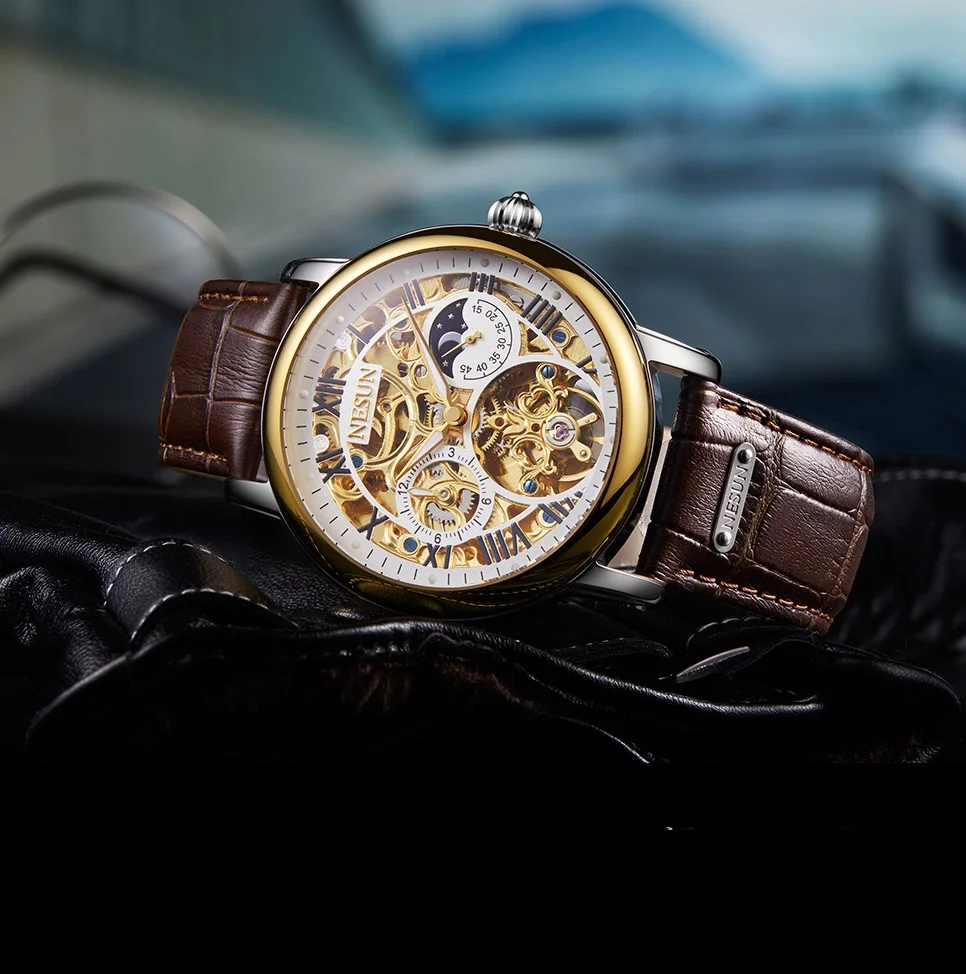 Nesun men's watch automatic mechanical watch men's large dial double hollowed men's watch luminous business men's watch