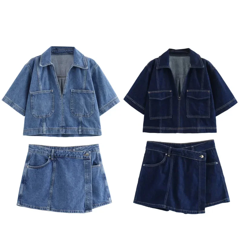 Summer Women Design Sense Denim Skirt Set Fashion Versatile V Neck Short Denim Shirt Double Breasted Short Skirt 2 Piece Set Y2K