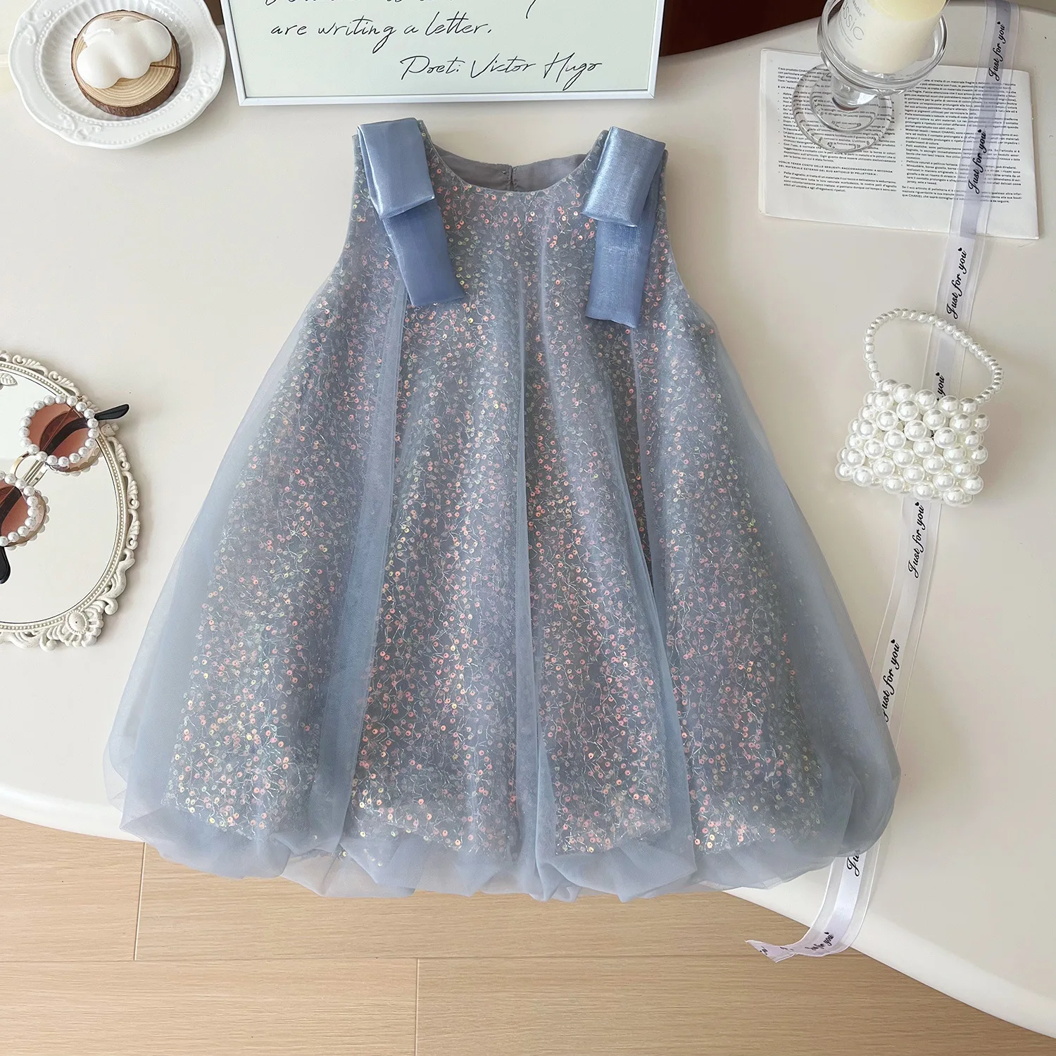 2024 Summer New Korean Version Girls' Sequined Mesh Vest Dress Fashion Kids Clothing Baby Shiny and Sparkling Camisole Dress
