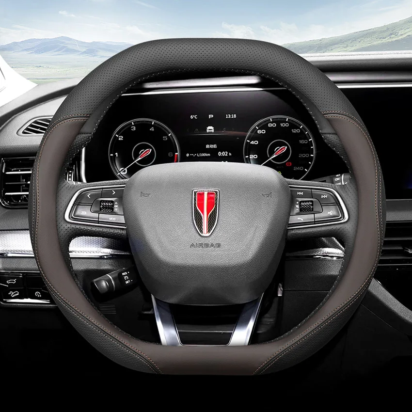 

For Hongqi 2023 HS5 HS7 Interior Decoration Double D-shape Steering Wheel Cover Casing Car Accessories Genuine Leather Brown