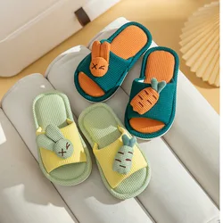 Children's Linen Slippers Boys Girls Cartoon Rabbit Home Slipper Soft Sole Non-Slip Indoor Shoes Open Toe Floor Shoes Flip Flops