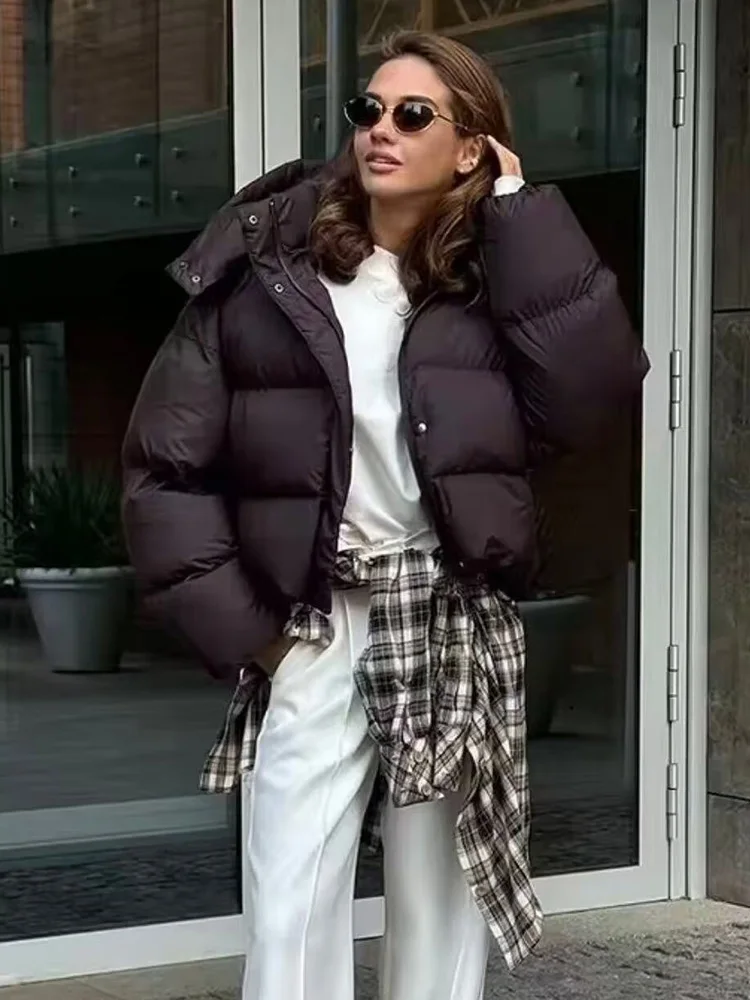 HH hiver femmes épais à capuche à manches longues coton rembourré veste col montant femme élégant bouton fermeture éclair Streetwear solide veste