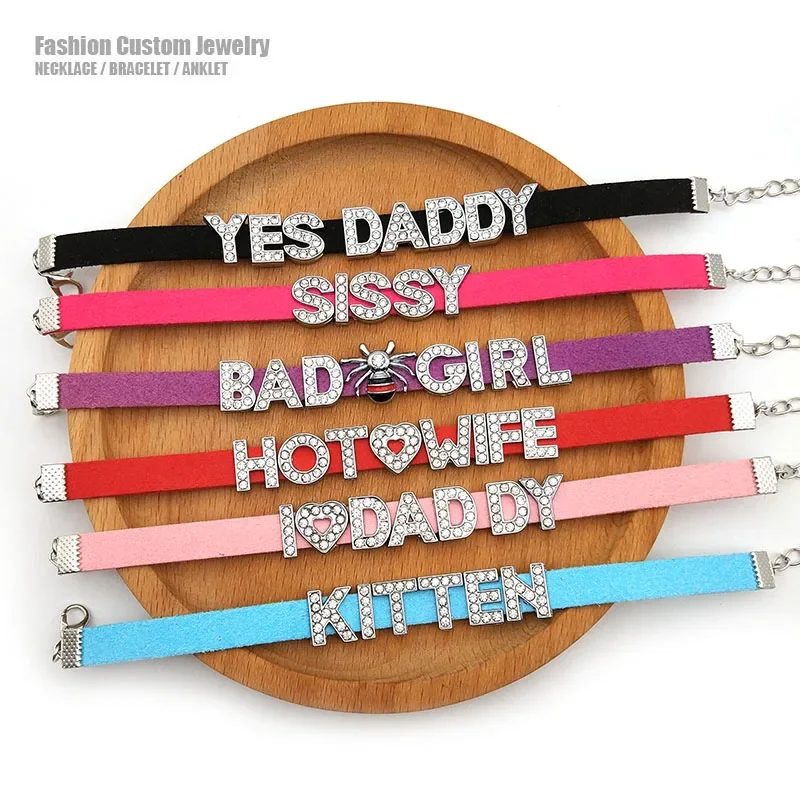 Sexy personalizado strass letras pulseiras arco-íris camurça couro diy personalizado nome palavras pulseira jóias presente