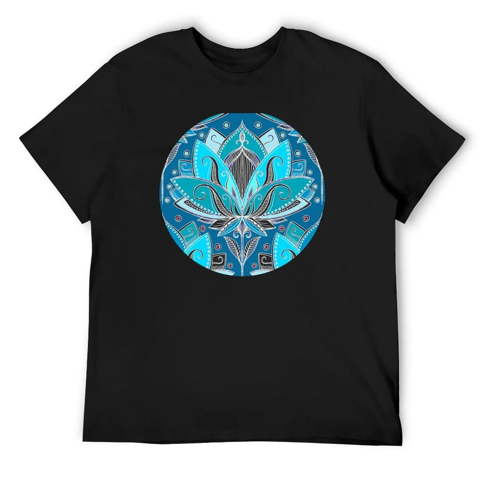 Art Deco Lotus Rising - black, teal & turquoise pattern T-Shirt summer top oversizeds t shirts for men