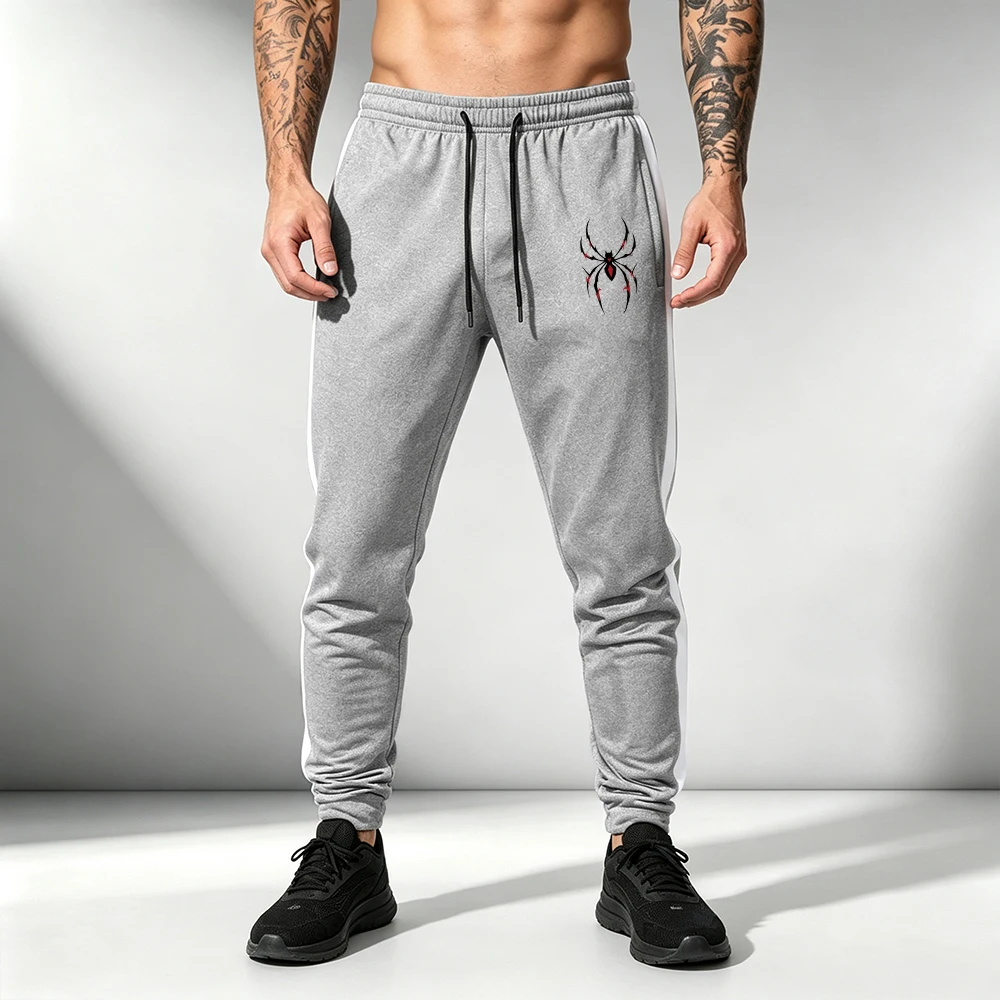 Men's Side Stripes Long Trousers with Elastic Waist Drawstring Pockets Spiny Spider Print Casual Athletic Training Trousers