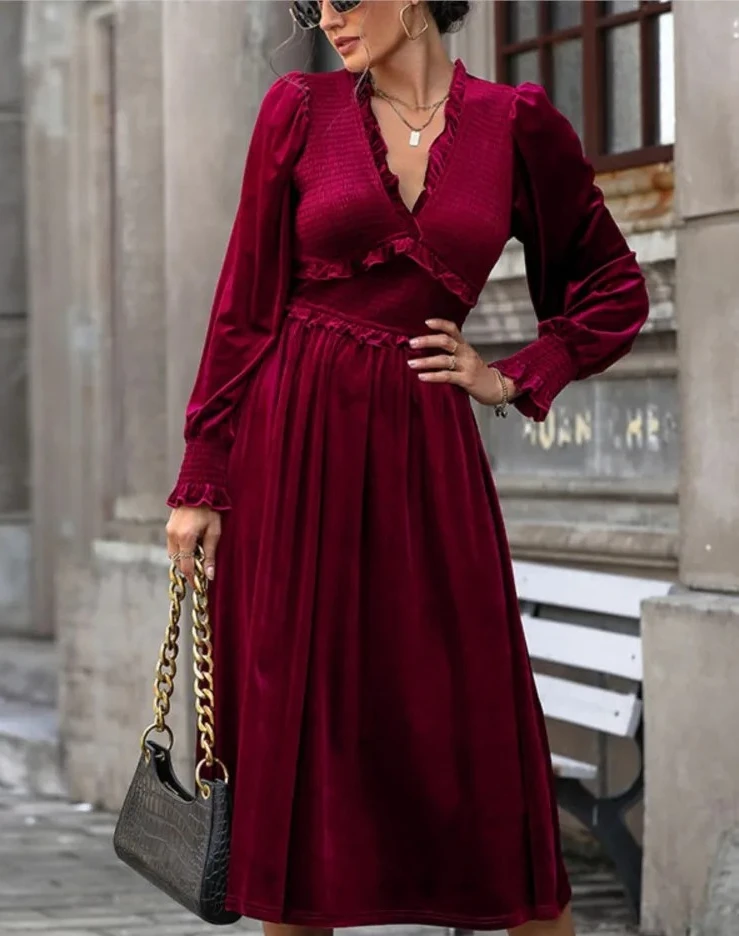 Outono/inverno vermelho veludo com decote em v vestido longo vintage vestidos de baile cintura alta elegante outgoning vestido de festa à noite