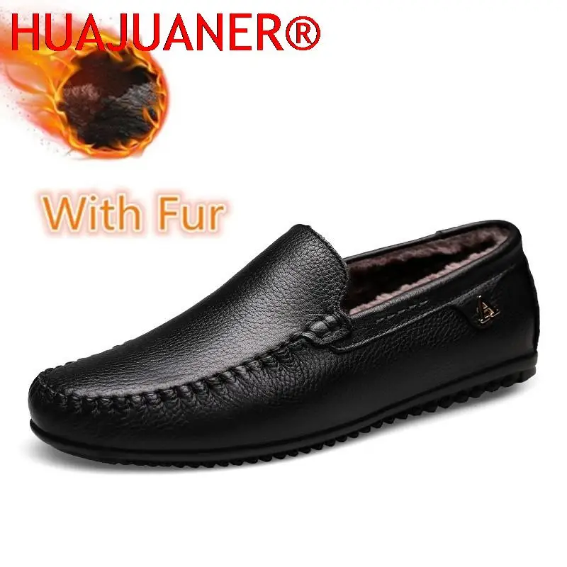 Winter Men Casual Shoes High Quality Mens Loafers Genuine Leather Flats With Plus Business Slip on Moccasins Fashion Black Brown