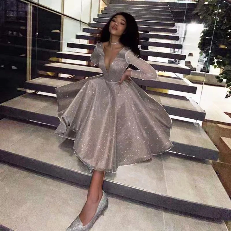 Customized Sparkling Sequined Hot V-Neck Long Sleeves Ball Gown Evening Dresses Gala 2024 Knee-Length Wedding Party Prom Gowns