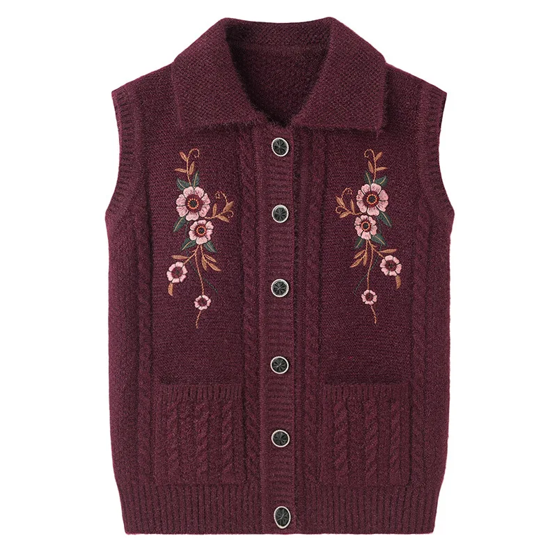 Embroidered Middle-Aged Elderly Women\'s Sweater Vest Spring Autumn Clothes Grandma\'s Winter Cardigan Vests Mother Knit Tops