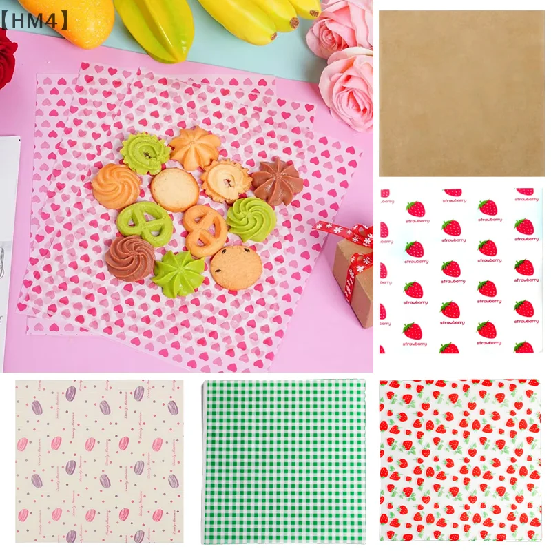 〔HM4〕50Pcs Food Grade Baking Wax Paper Strawberry & Floral Patterned Paper Squares Non-Stick Cake Burger Chips Wrapping Papers
