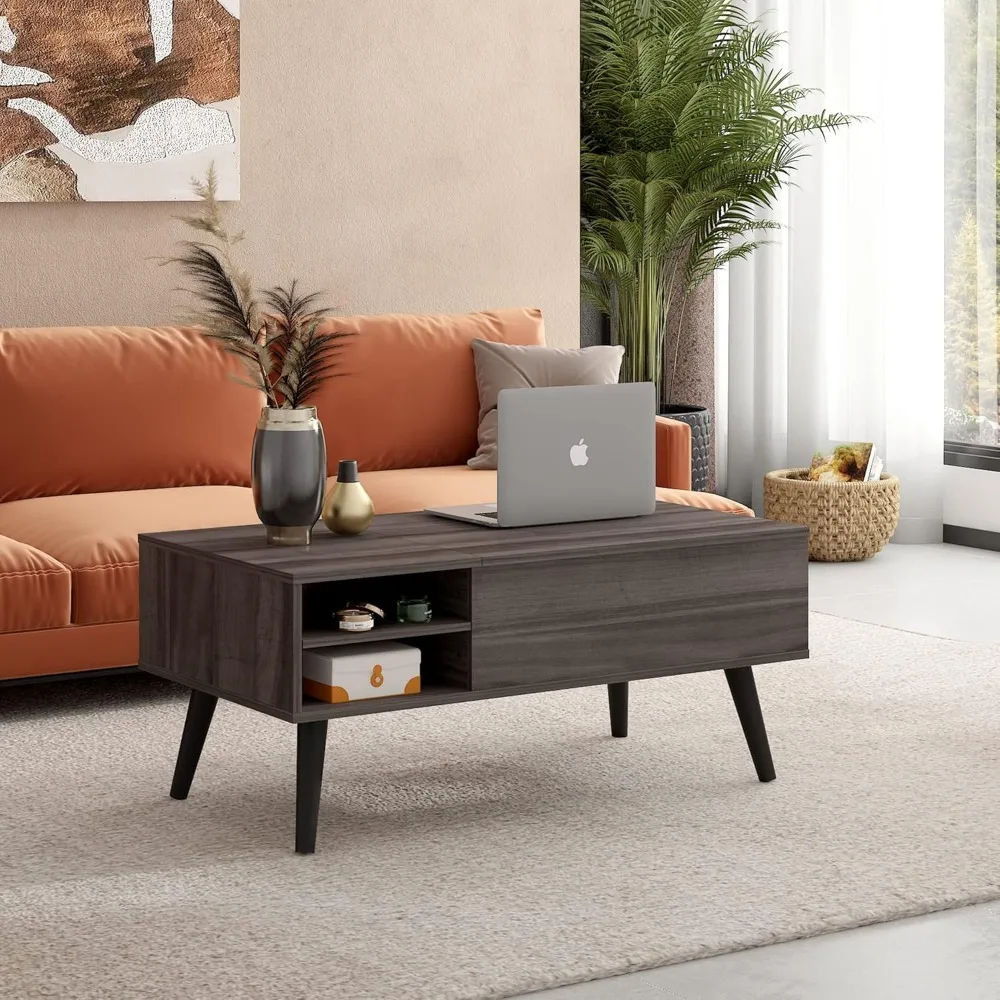 Adjustable Shelf Living Room Coffee Table with Storage, Mid-Century Modern Style, Small Space Solution