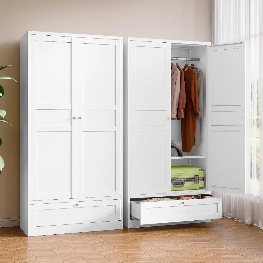 Metal Armoire Wardrobe Closet with 2 Doors and 72'' Tall Cabinet Featuring Adjustable Shelves Hanging Rail and Integrated Drawe