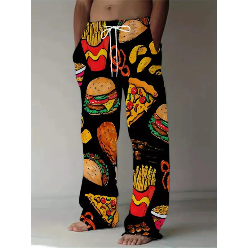 

Мужские повседневные прямые брюки свободного кроя с ярким принтом быстрого питания, черные удобные повседневные брюки для отдыха в уличном стиле в стиле ретро