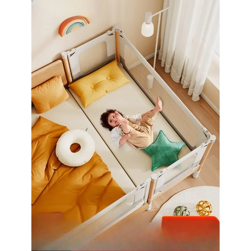 

Splicing bed crib Solid wood widened bedside flat bed Adults can sleep on lift guardrail bed