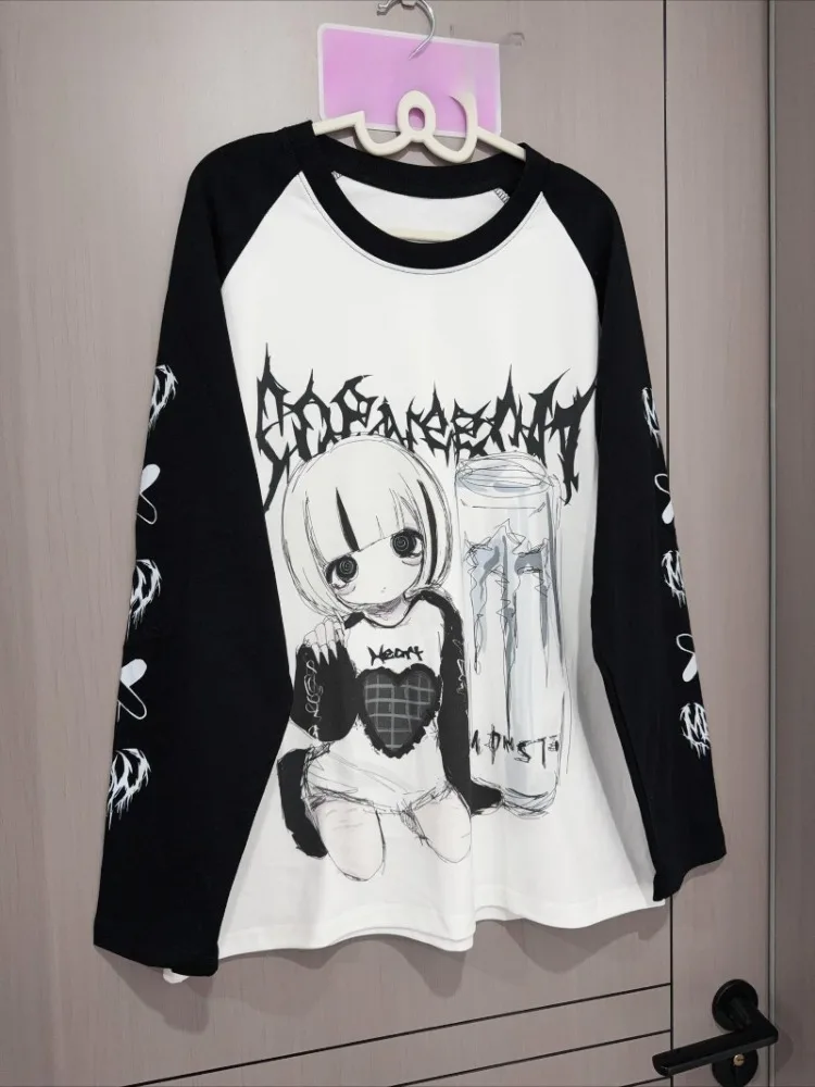 Kimutomo T Shirts Women Cartoon Printed Long Sleeve Loose Fashion Punk Style Grunge Gothic Y2k Aesthetic Harajuku Tops Ladies image 5