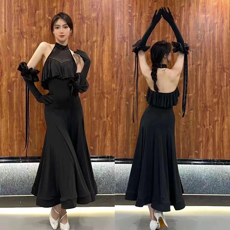 2023 Women Modern Dance Clothes Halter Neck Sleeveless Tops Black Fishbone Skirt Suit Ballroom Dance Competition Dress DN12659