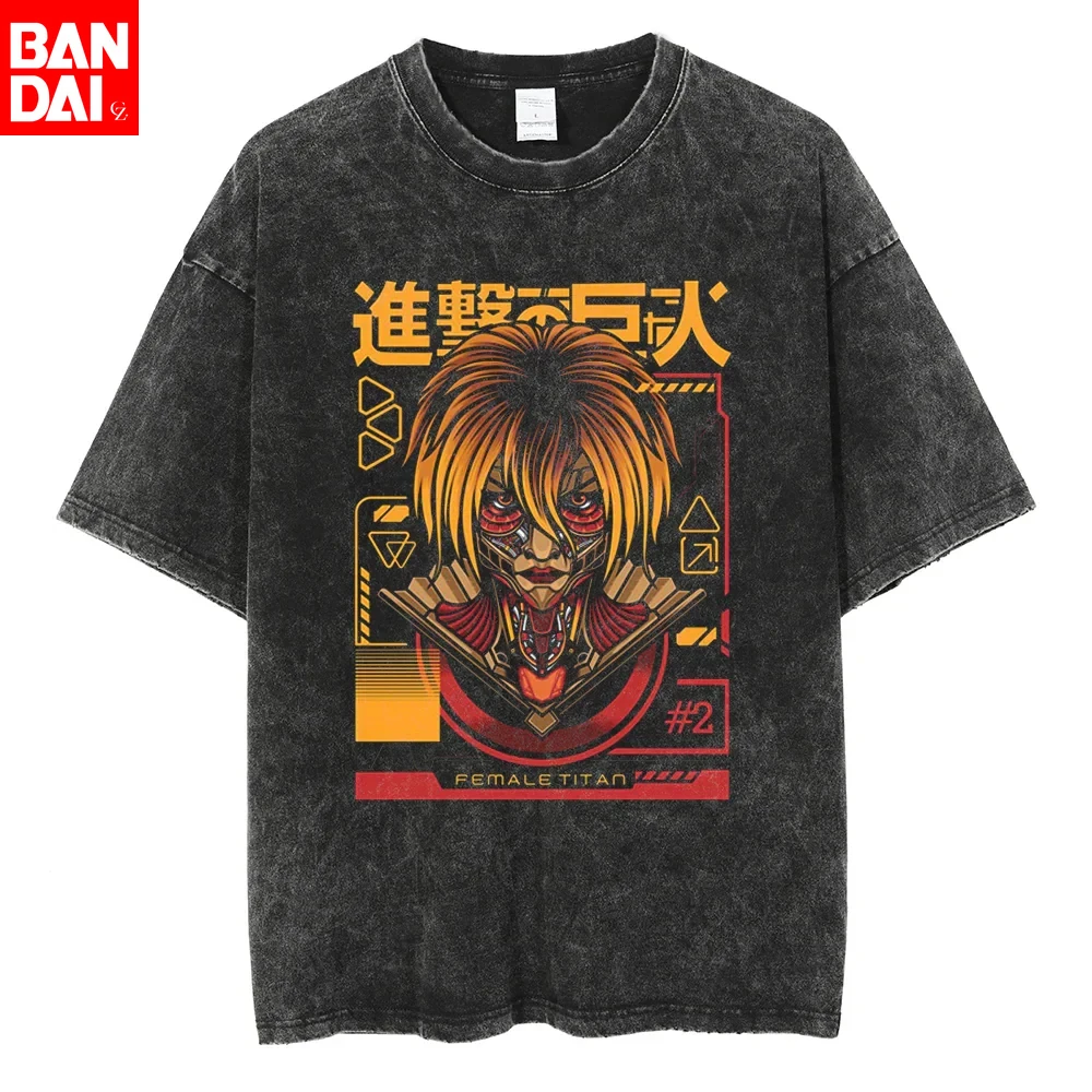 

Футболка Attack on Titan «Все девять титанов» в винтажном стиле, оверсайз, с эффектом потертости, летняя коллекция 2026, мужская, хлопковая, уличная одежда, с аниме-графикой, повседневная