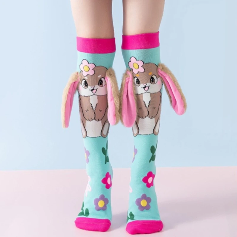 Cute 3D Animal Knee High Socks for Girls - Cartoon Bunny Cat Floral Long Tube Socks, Soft Kids Leg Warmers with Plush Big Ear view 2