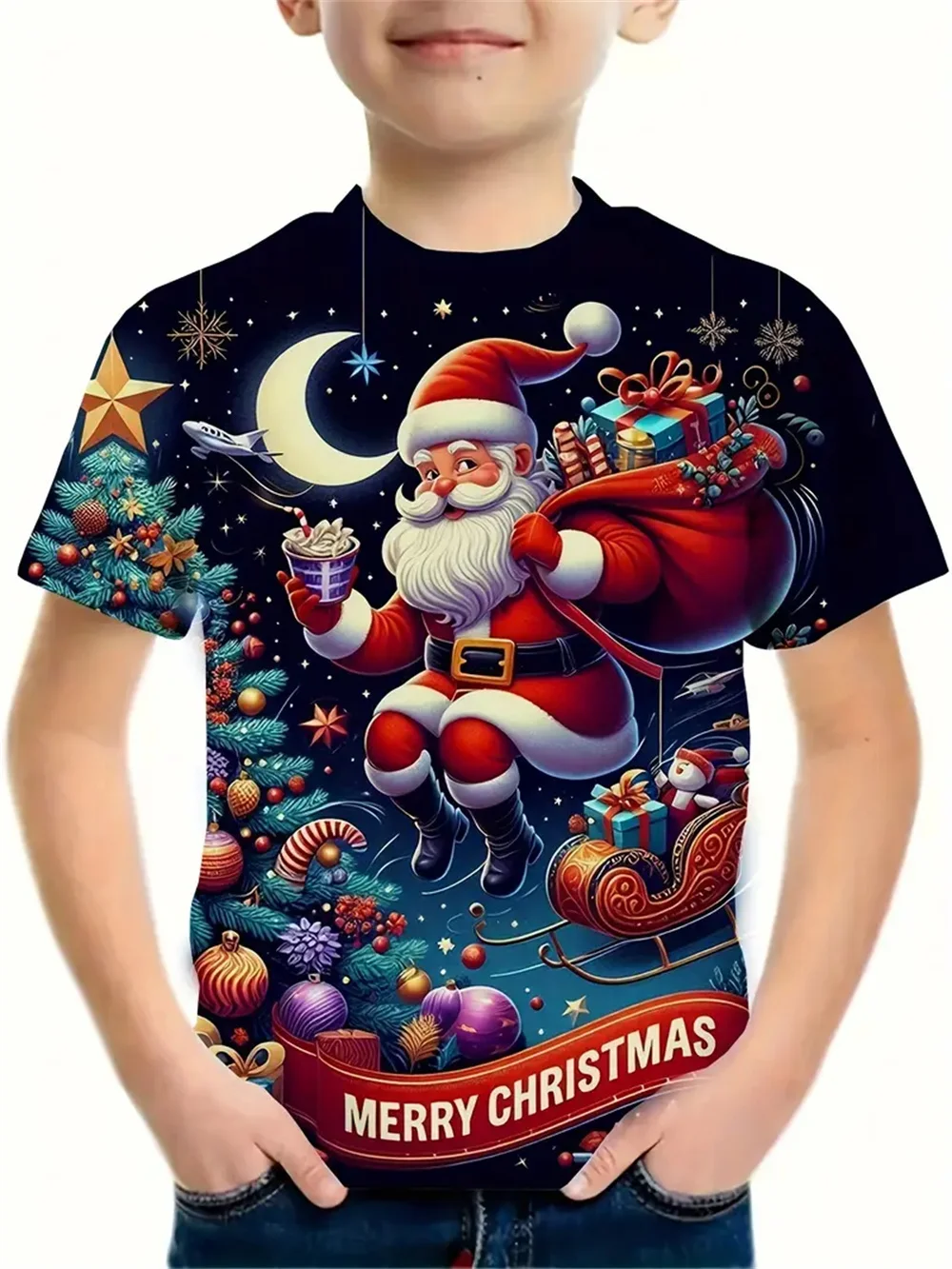 Ropa navideña para niños y niñas, camisetas de Año Nuevo con estampado de Papá Noel, ropa informal para niños, camiseta superior 2025, 2025