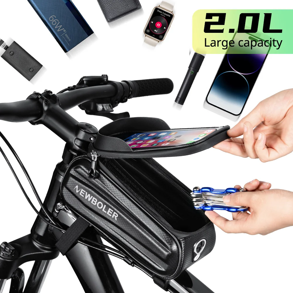 NEWBOLER Bike Bag 2L Frame Front Tube Cycling Bag Bicycle Waterproof Phone Case Holder 7.2Inches Touchscreen Bag Accessorie