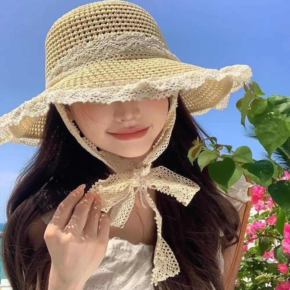 New Versatile Natural French Panama Straw Hat Lace 56-58cm Vacation Sun Protection Hat Breathable Large Size Men Women Beach Hat