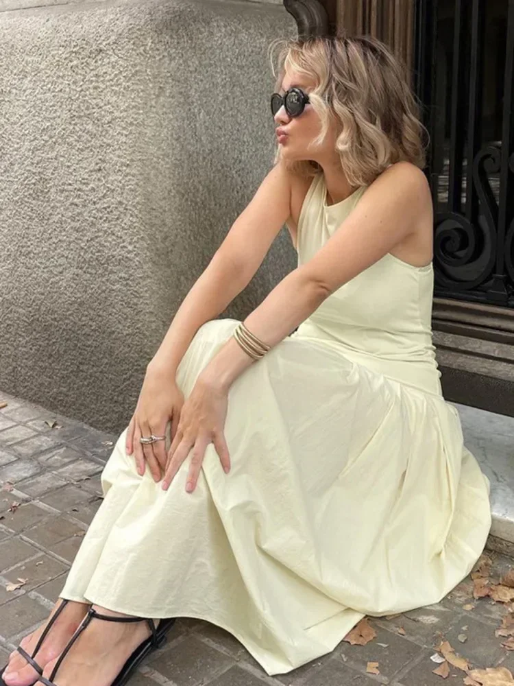 

UOSU Patchwork Sleeveless Maxi Dress for Women Autumn New Casual Solid O Neck Loose A-line Long Tank Dress Elegant Fashion