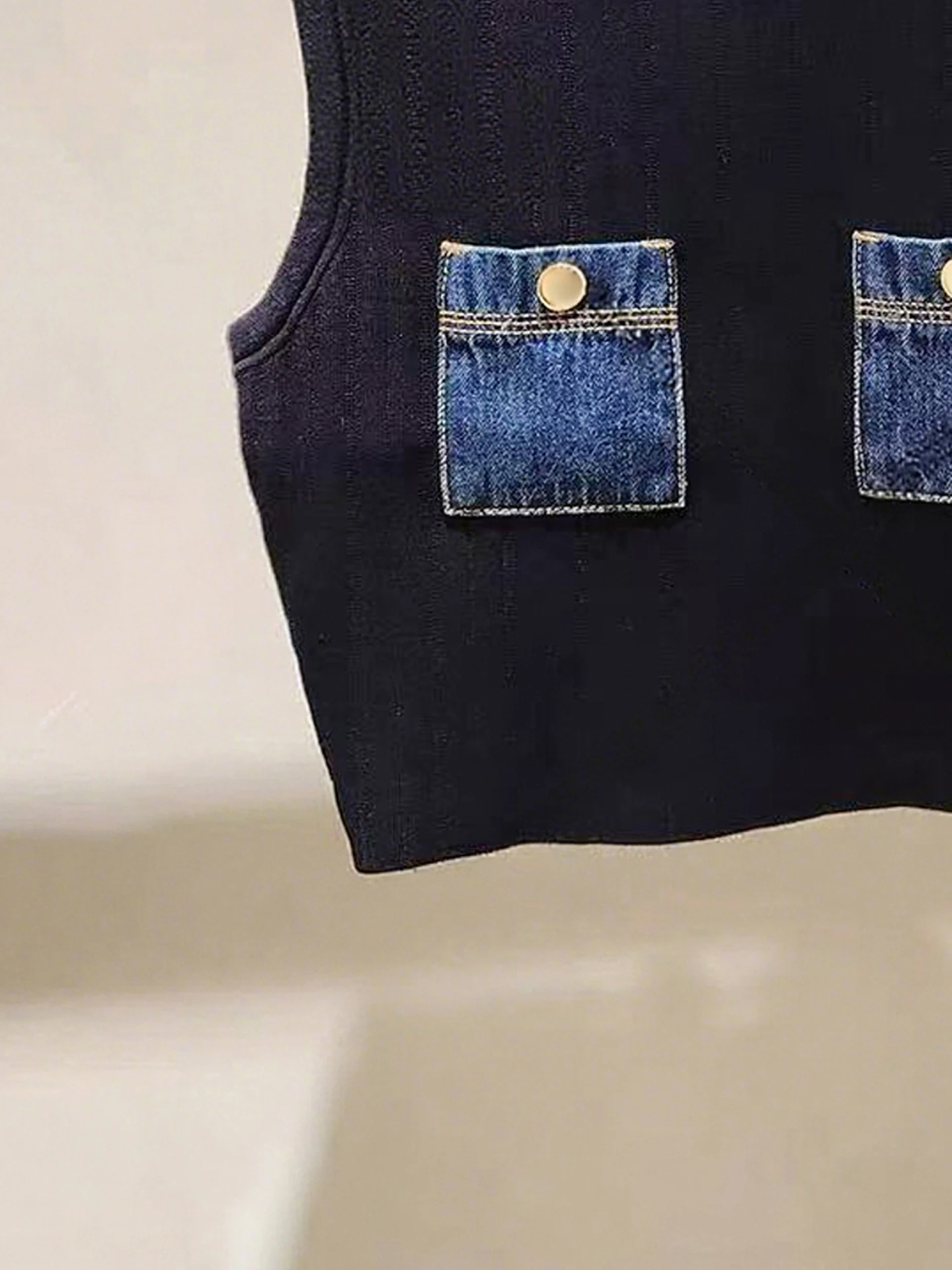 Haut de gamme femmes Denim Patchwork tricot gilet haut S maison huile du sud automne Faion trajet Sle rond Ne ort h-ape Bal