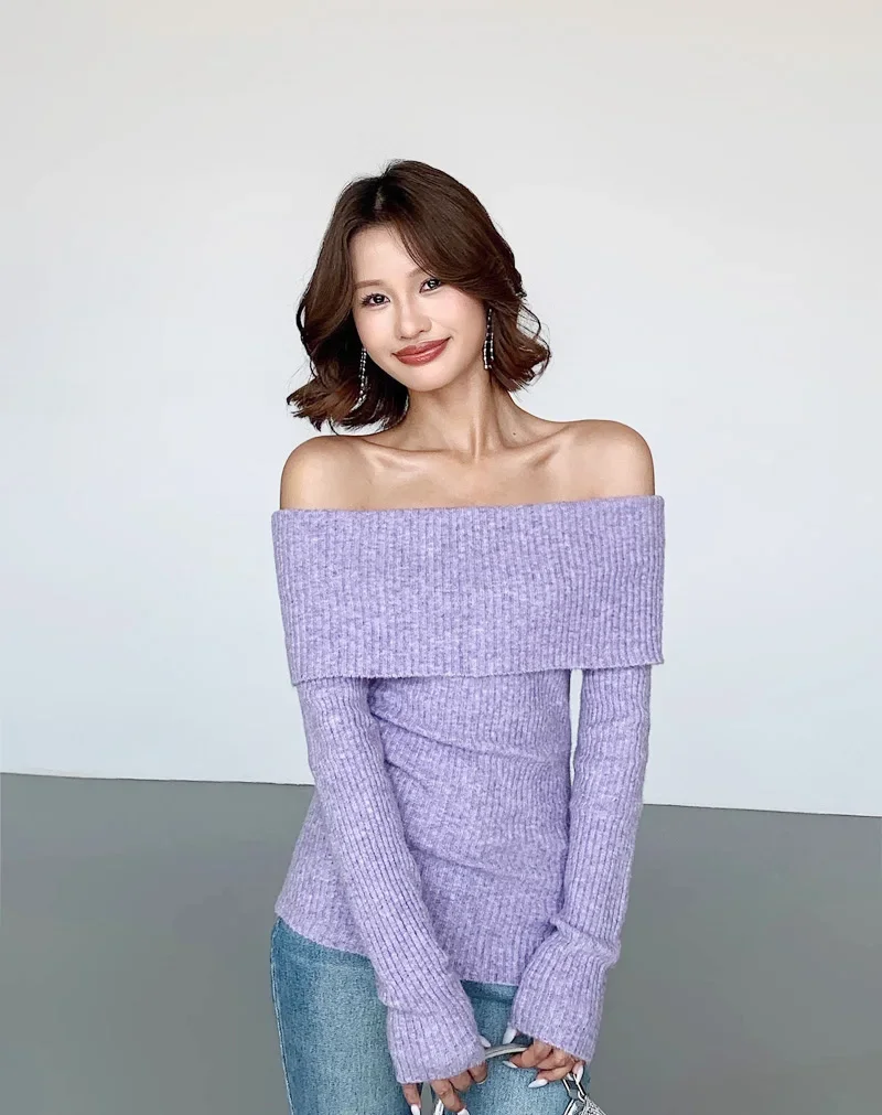 Ribbed Fold Over Bardot Jumper for Women, Knitted Long Sleeve Top, Deep Fold Over, Off Shoulder Detail