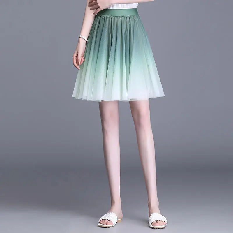 

High Waist A-Line Skirt Women's ort Skirt adient Color Netting f Body Skirt Slimming Contrast Color Fairy Puffy S...