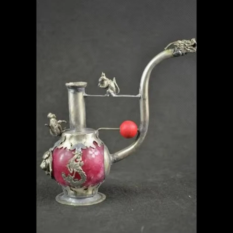 Exquisite China handwork art Tibetan Silver lion phoenix monkey smoking tool