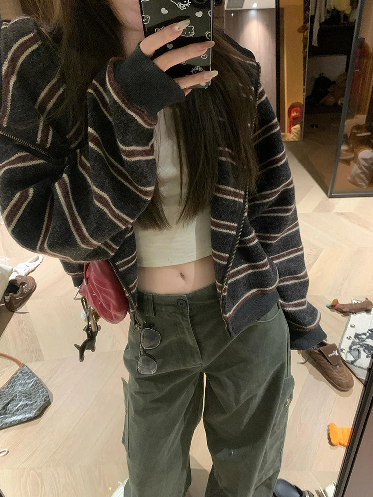 Felpa con cappuccio a righe americane retrò con cerniera maglione lavorato a maglia da donna cappotto design autunnale cardigan aperto unico top lungo Sve