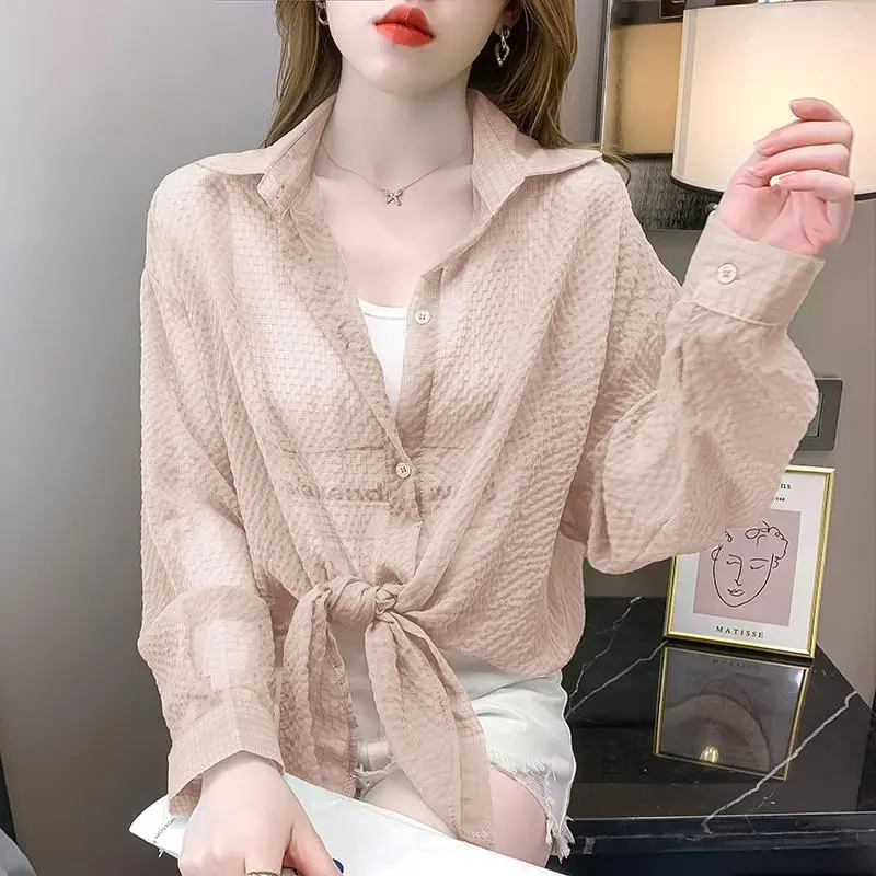 Women\'s Clothing Solid Color Shirt Summer Thin Commute Single-breasted Long Sleeve Fashion Bandage Turn-down Collar Loose Blouse