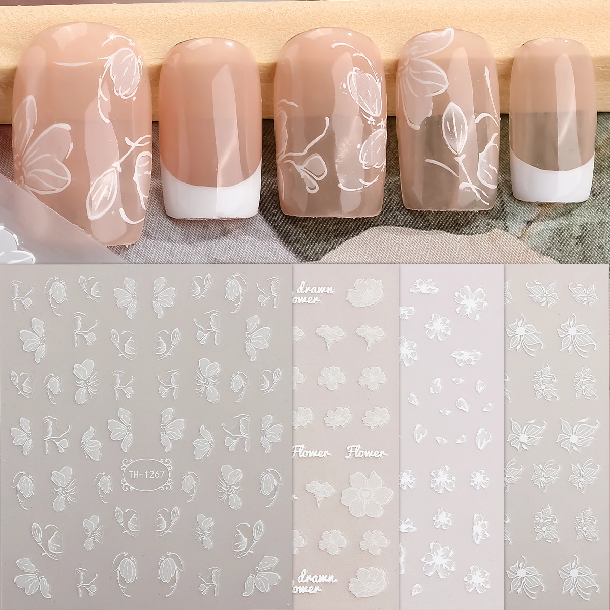 4pcs White Flowers Nail Art Sticker Floral Charm Adhesive Sliders Elegant Wedding Bride Decoration Manicure Decal