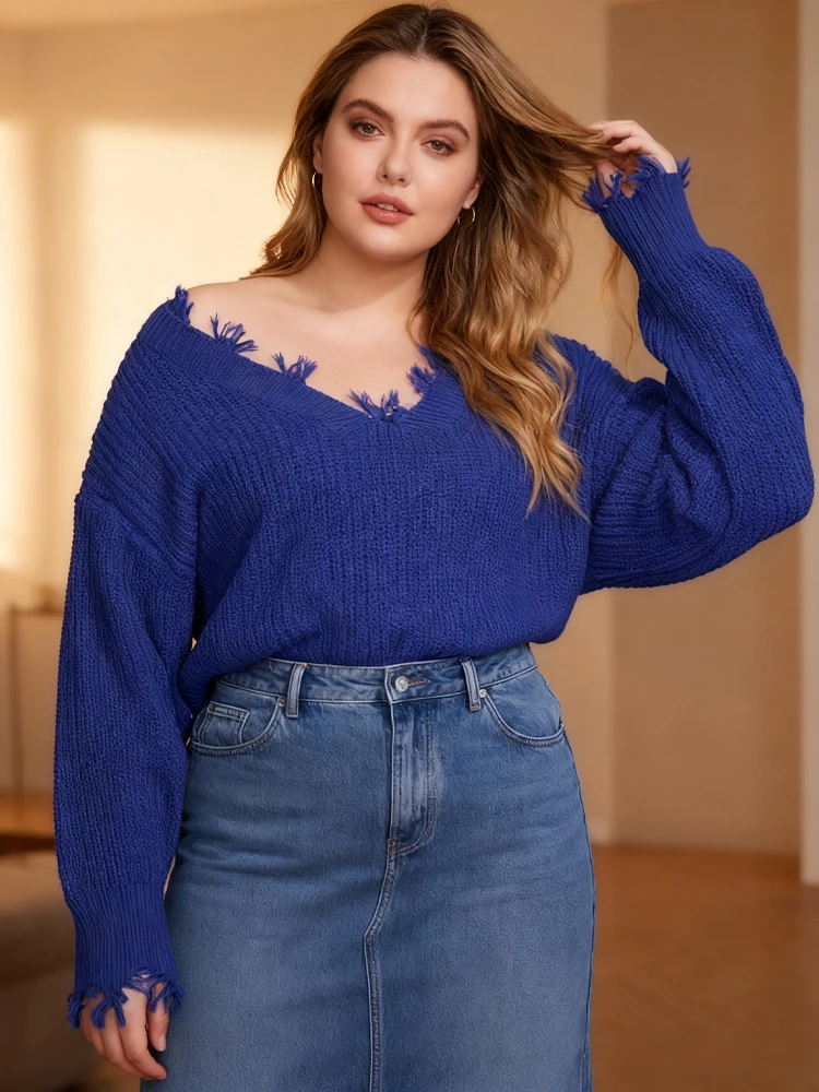 Nueva moda, jersey de punto ajustado de manga larga con borlas y cuello en V, Top de talla grande para fiesta, suéter versátil elegante de talla grande para mujer