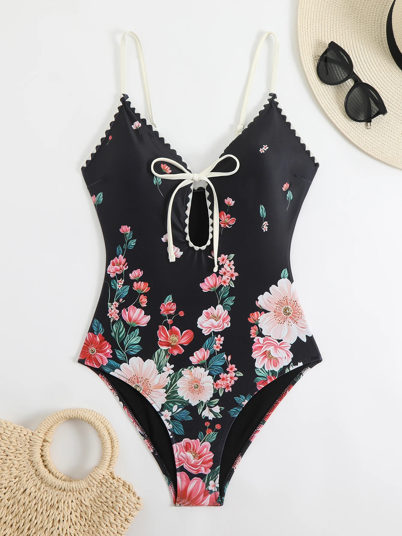 

Women's Shell-Edge Flower Bud Print Monokini One-Piece Swimsuit with Strap Integrated Bathing Beachwear Hollow out Design