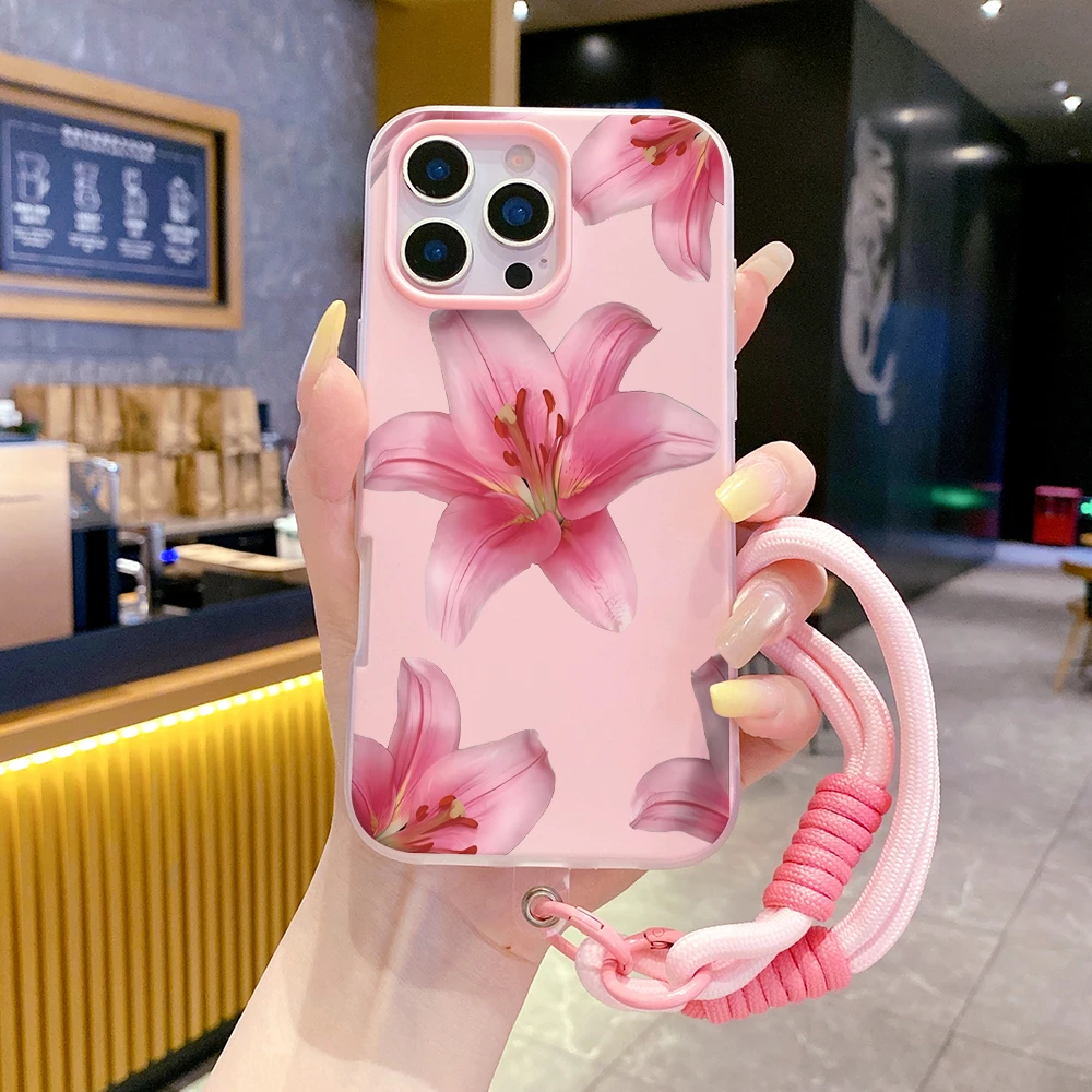 INS Phone Case For Samsung Galaxy S26 Ultra S25 S24 s22 s23 Plus FE A56 A55 A35 A36 A37 5G Pink Lily Flower With Lanyard Cover