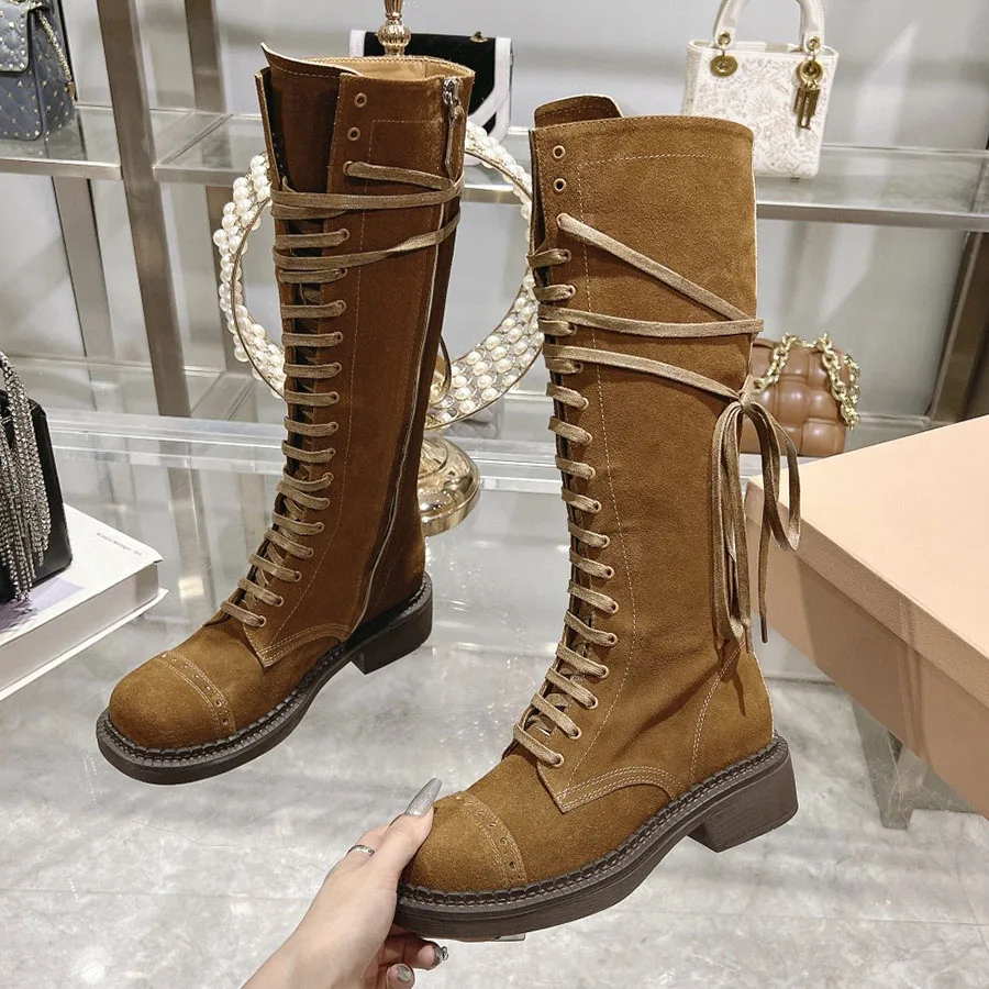 Brown Suede Leather Knee High Boots Women Round Toe Square Heel Long Black Boots Runway Lace Up Motorcycle Knee Boots For Women