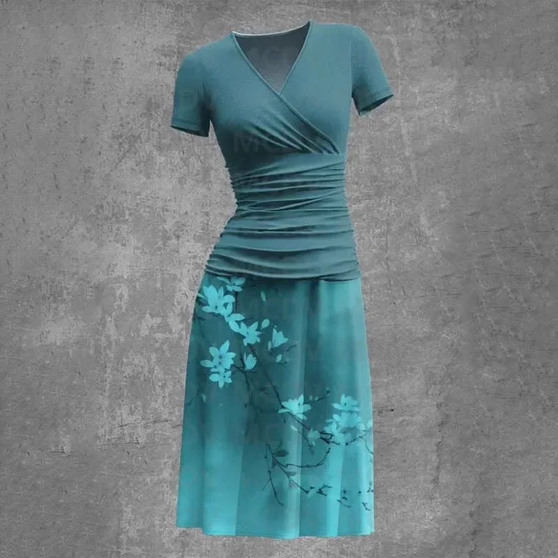 Abito da donna sexy con scollo a V e stampa floreale multicolore a maniche corte