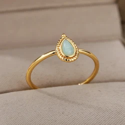 Opal Water Drop Rings For Women Gold Color Stainless Steel Engagement Wedding Ring Female Fashion Finger Jewelry Birthday Gift