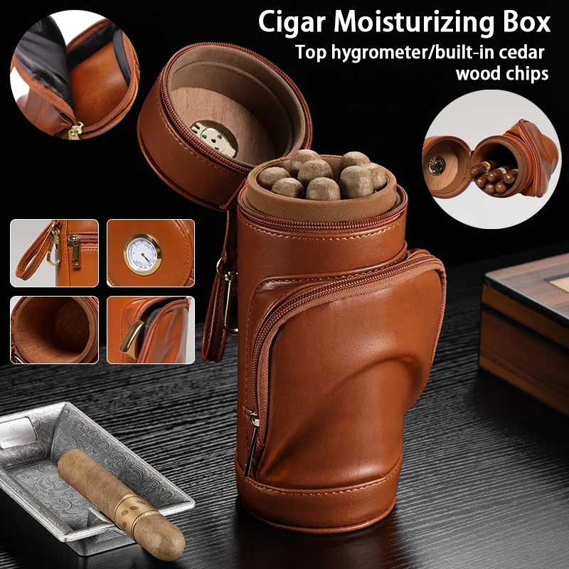 

Новый мужской увлажняющий чехол для сигар, влагостойкая сумка, европейская и американская кожаная цилиндрическая коробка на молнии в стиле ретро с гигрометром