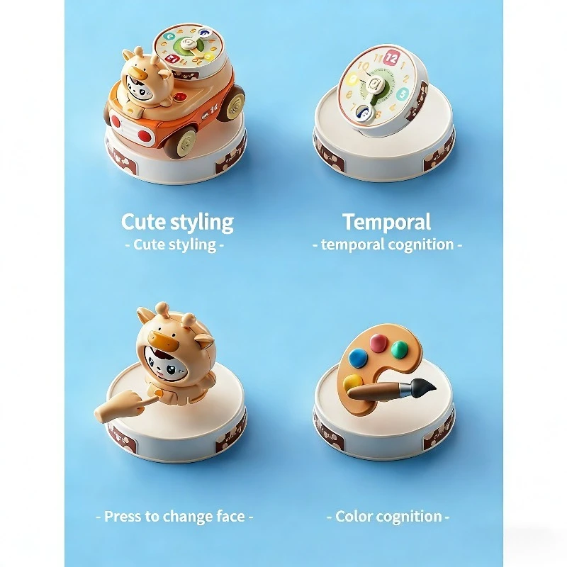Giocattolo Puzzle per Bambini, Auto Cartoon con Modalità di Gioco Multiple, Scivolamento a Inerzia, Cambio Faccia, Fischietto, Piccola Auto per l'Apprendimento del Tempo