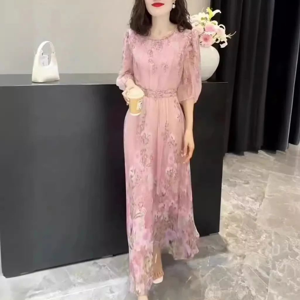 Imprimé fleuri en mousseline de soie été nouveau Sle femmes Dr t-shirt quart Sve Maxi Long Dr effet minceur doux Sle rond Ne