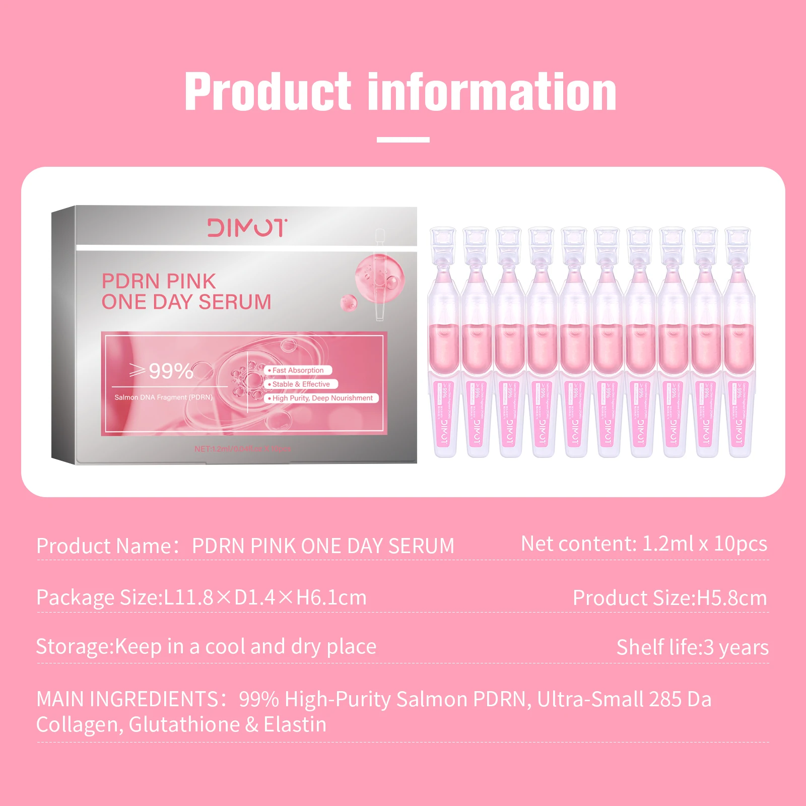 مجموعة كريم السلمون الوردي الثلاثي الألوان - مصل السهرة DIMOT المكون من 10 قطع لمعالجة البقع الداكنة والبشرة. مناسبة لجميع أنواع البشرة.